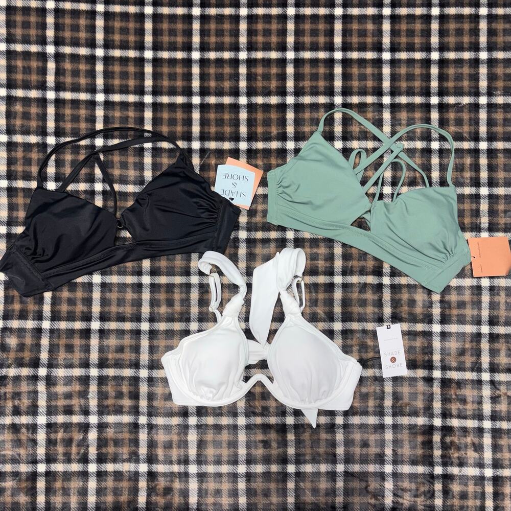 NWT Shade & Shore Bikini Top Bundle 3 Pc 34B Black White Green Swim New Women’s